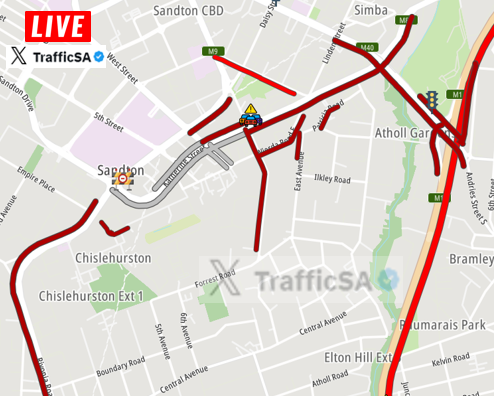 TrafficSA's tweet photo. JHB - LIVE TRAFFIC: Sandton Congestion (10:20) #RedBull #F1ShowRun https://t.co/pzRfry2TDu