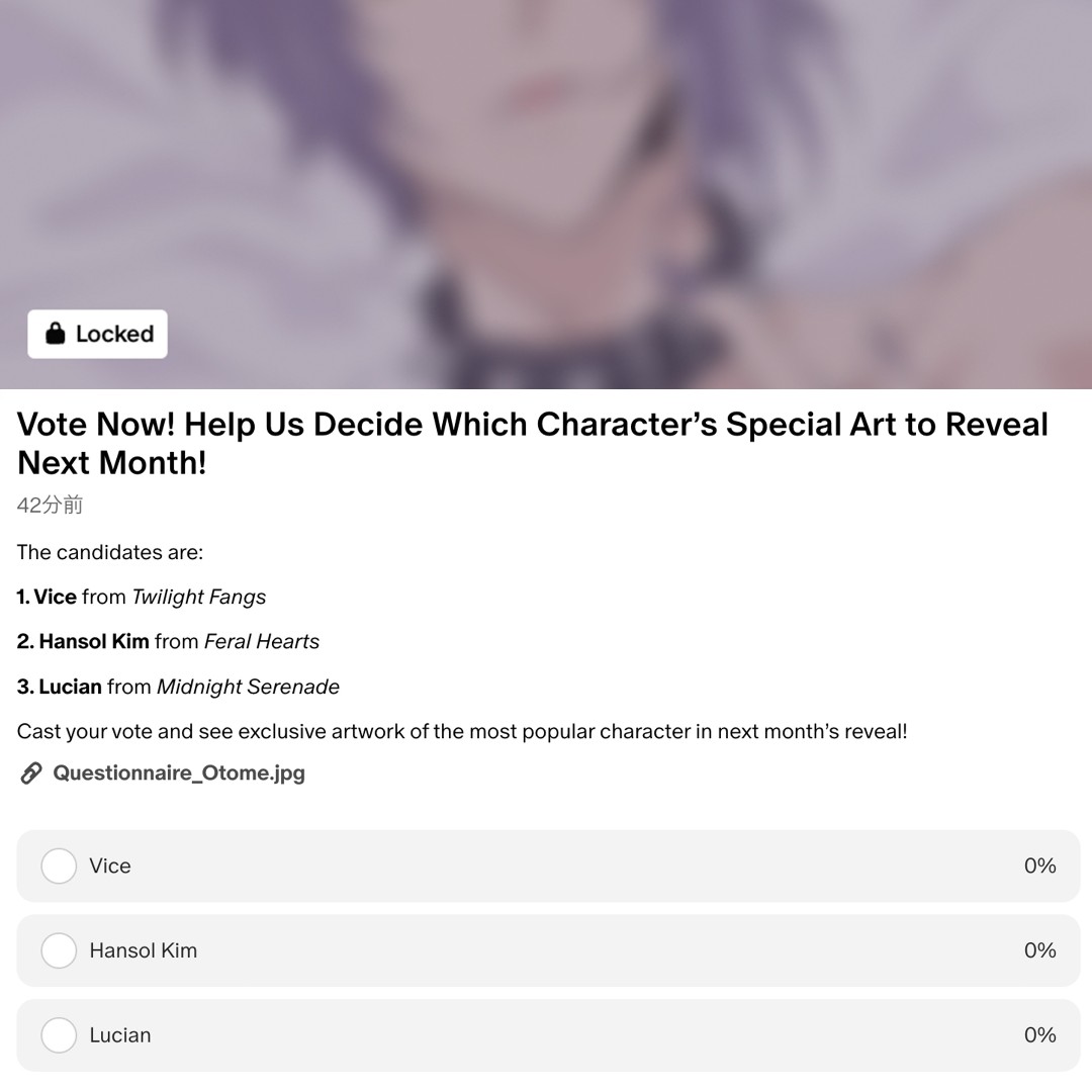 Genius_Romance's tweet photo. Vote in our polls ๐ณ๏ธ to decide which character will be featured in next monthโs special artwork!
Join today and be part of the creative process! ๐ซ
https://t.co/Opdxs1AtPv
#geniusinc #geniusotome #patreon #datingsim #otome #monthlyart https://t.co/1tBrPELyqW