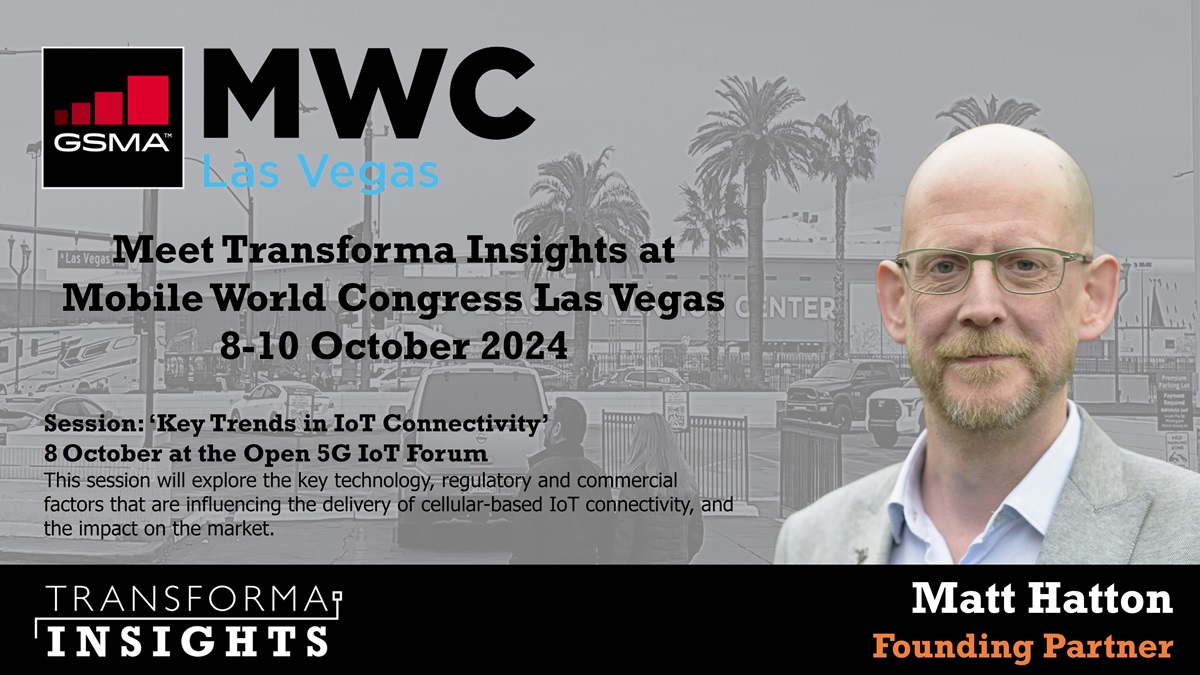 Transforma Insights (@transformatweet) on Twitter photo Meet us at MWC Las Vegas. Transforma Insights founder <a href="/MattyHatton/">Matt Hatton</a> will speak at the Open 5G IoT Forum on key trends in IoT connectivity. #IoT Meet us at MWC Las Vegas. Transforma Insights founder <a href="/MattyHatton/">Matt Hatton</a> will speak at the Open 5G IoT Forum on key trends in IoT connectivity. #IoT