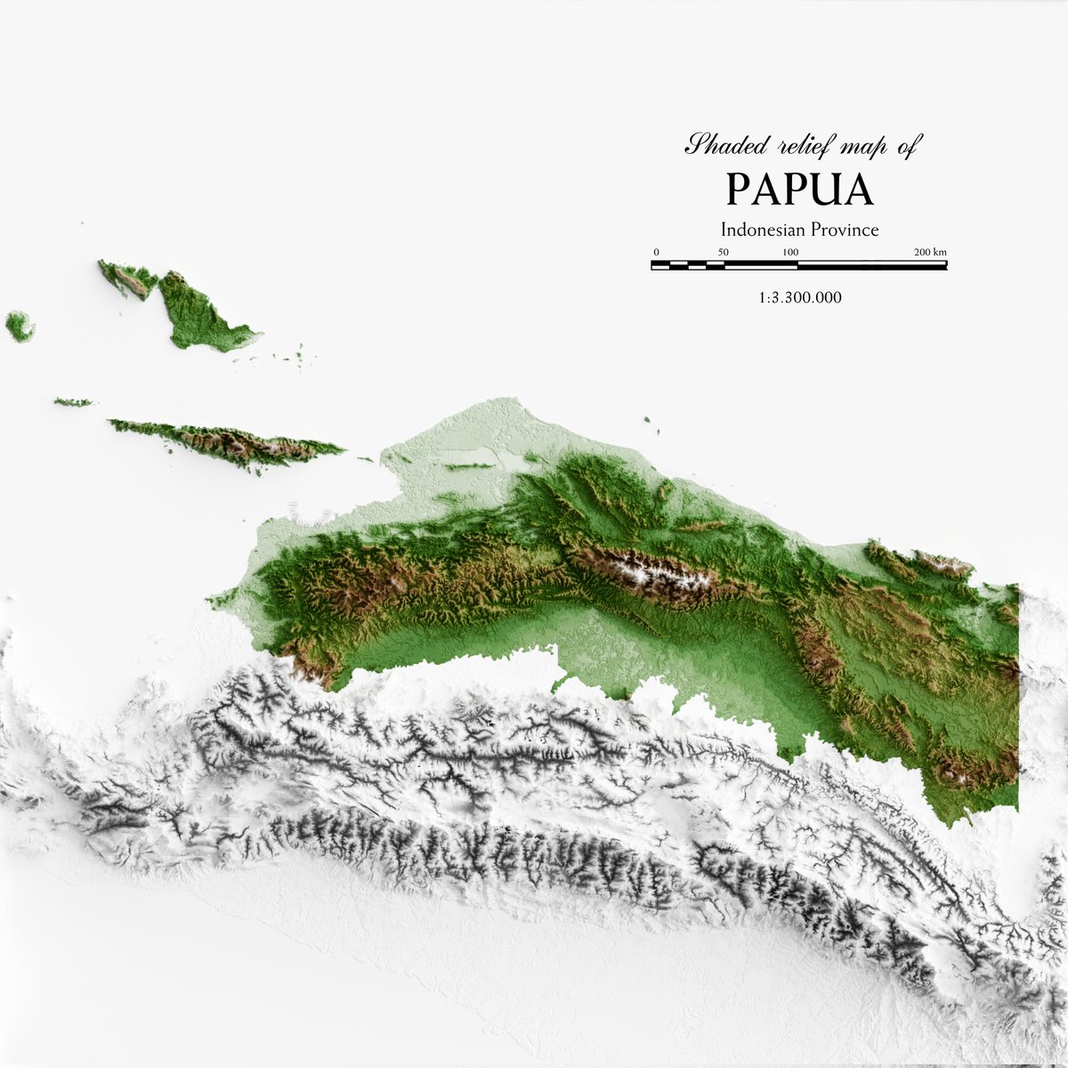 pixelattemaps's tweet photo. Here's a #shadedrelief map of #Papua Province. The region features diverse terrain, with about 30% uninhabitable due to steep mountains, swamps, and protected forests #QGIS #Blender3D #topography #3Dmap https://t.co/y5nlMm7OYa