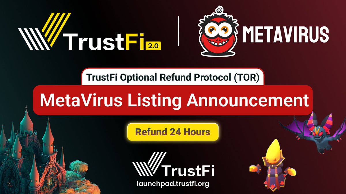 TrustFi (@trustfiorg) on Twitter photo 📣<a href="/MetaVirus_games/">MetaVirus Official (We’re hiring tremendously)</a> Listing/Claiming Announcement
💫MetaVirus is an innovative Web3 game that blends blockchain technology with immersive gameplay, offering a decentralized, freely traded mobile pet game.
⏰ TGE: October 3th, 10 am UTC
📈 CEX: MEXC, CoinStore, ProBit
💰 Claim: 📣<a href="/MetaVirus_games/">MetaVirus Official (We’re hiring tremendously)</a> Listing/Claiming Announcement
💫MetaVirus is an innovative Web3 game that blends blockchain technology with immersive gameplay, offering a decentralized, freely traded mobile pet game.
⏰ TGE: October 3th, 10 am UTC
📈 CEX: MEXC, CoinStore, ProBit
💰 Claim: