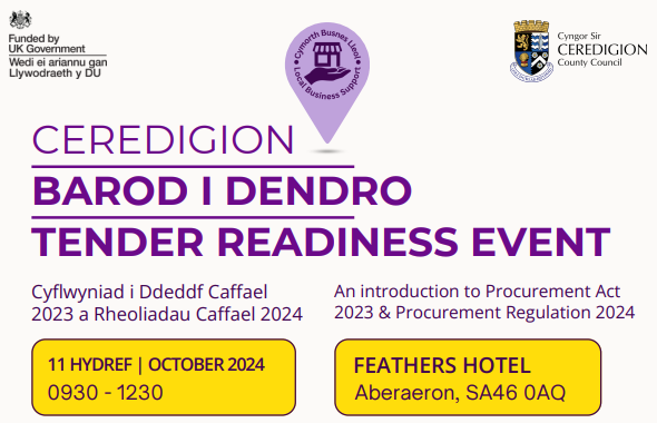 Mae Busnes Cymru yn falch o gefnogi <a href="/AnturCymruWales/">Antur Cymru Enterprise</a> ar gyfer y Digwyddiad Parodrwydd Tendr yn Aberaeron.

Guto Carrod, Cynghorwr y Gadwyn Gyflenwi, fydd un o’r siaradwyr, a bydd yn taflu goleuni ar y rheolau newydd a’u harwyddocad i gyflenwyr. 

ow.ly/zzEV50TyHog