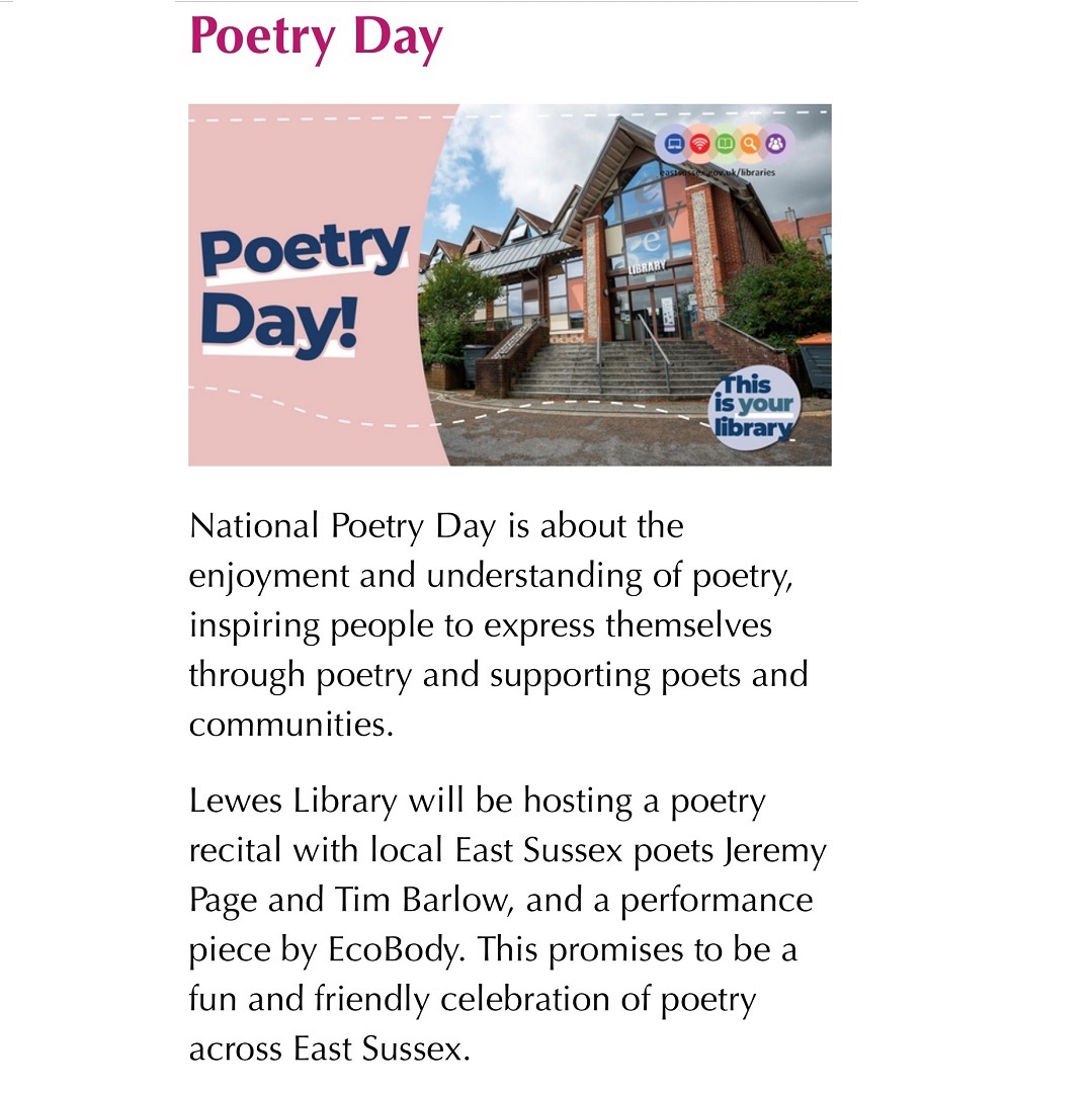 TimBarlowWrites's tweet photo. Happy National Poetry Day! If you're anywhere near Lewes, please come along to this free event tonight at Lewes Library. Here's the link to book a seat: https://t.co/wJPNRp23I9 https://t.co/IpwQV0e1e2