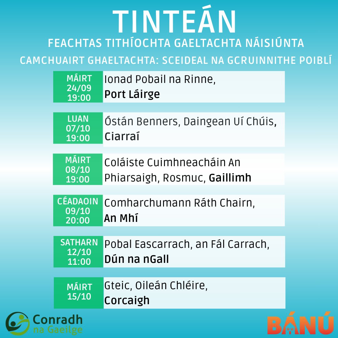 Conradh na Gaeilge ⭕️ (@cnag) on Twitter photo Tá <a href="/CnaG/">Conradh na Gaeilge ⭕️</a> & BÁNÚ ag teacht le chéile le dul i ngleic leis an ngéarchéim tithíochta Ghaeltachta le feachtas náisiúnta #TINTEÁN 🏠
Feachtas logánta & fréamhaithe sna pobail Ghaeltachta éagsúla, le glór aontaithe, forleathan 🤝
🗣 Tá do ghlór de dhíth! Bígí linn ar an gcamchuairt: Tá <a href="/CnaG/">Conradh na Gaeilge ⭕️</a> & BÁNÚ ag teacht le chéile le dul i ngleic leis an ngéarchéim tithíochta Ghaeltachta le feachtas náisiúnta #TINTEÁN 🏠
Feachtas logánta & fréamhaithe sna pobail Ghaeltachta éagsúla, le glór aontaithe, forleathan 🤝
🗣 Tá do ghlór de dhíth! Bígí linn ar an gcamchuairt: