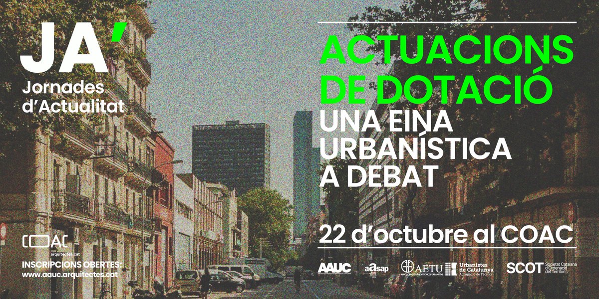📢 JORNADES D’ACTUALITAT - ACTUACIONS DE DOTACIÓ. UNA EINA URBANÍSTICA A DEBAT

📍 Seu del <a href="/COACatalunya/">Col·legi d’Arquitectes de Catalunya</a> (Pl. Nova, 5)
📅 22 d’octubre
⌚ 9:00 h

<a href="/AASAP_CoAC/">AASAP</a> <a href="/aetu81/">AETU</a> <a href="/Territori/">Territori</a>