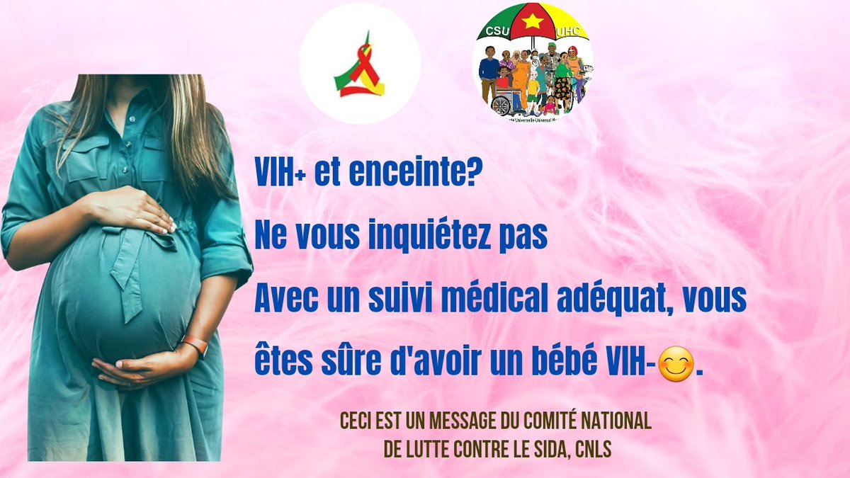 VIH+ et enceinte?
Ne vous inquiétez pas
Avec un suivi médical adéquat, vous êtes sûre d'avoir un bébé VIH-😊.

#AIDSFreeSociety
<a href="/WHO/">World Health Organization (WHO)</a> 
<a href="/whocmr/">WHO Cameroon</a> 
<a href="/hiv/">HIV</a> 
<a href="/UNAIDS/">UNAIDS Global</a> 
<a href="/HIVGov/">HIV.gov</a> 
<a href="/unwomenafrica/">UN Women Africa</a> 
<a href="/MinsanteCMR/">MinsanteCameroun</a> 
<a href="/MincomCameroun/">MINCOM Cameroon</a> 
<a href="/DrManaouda/">Dr MANAOUDA MALACHIE</a>