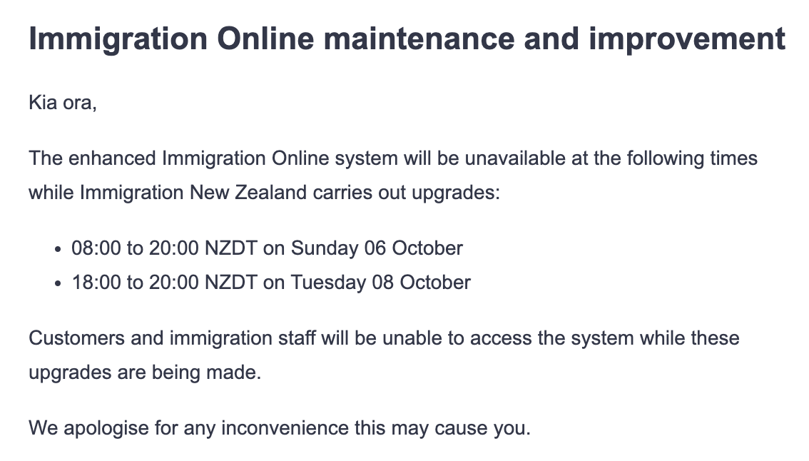Immigration_T's tweet photo. Immigration Online Planned Outage #immigrationnewzealand #inz #systemmaintenance https://t.co/w890DBa1P2