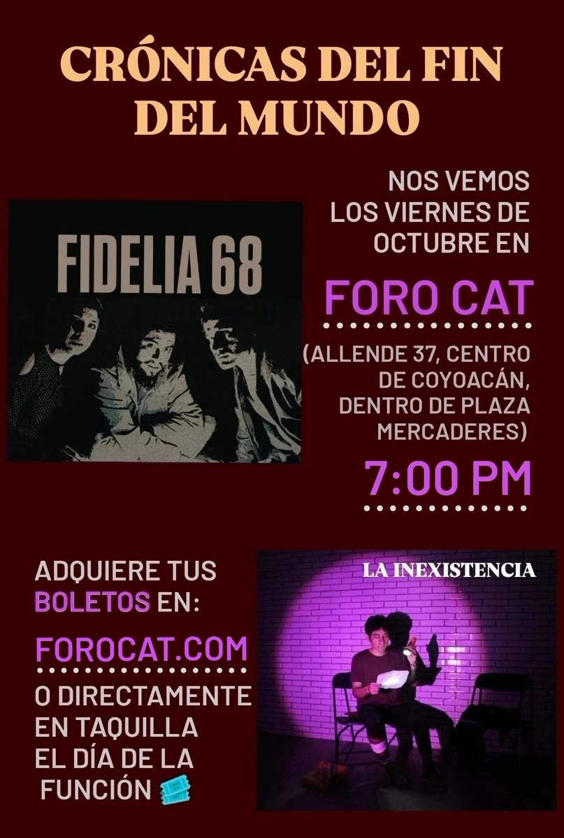 rocio_sanger's tweet photo. No te puedes perder estás #crónicas del fin del mundo 💀🩸

GRAN #ESTRENO VIERNES 4 DE #OCTUBRE 7:00 PM
📍 FORO CAT (Allende 37, Centro de #Coyoacán, dentro de "Plaza Mercaderes")

#Boletos en https://t.co/Y8nLitwTUm o en taquilla
#Teatro  #TeatroenMexico #Actores #CDMX #enescena https://t.co/uJH3CPgEgN