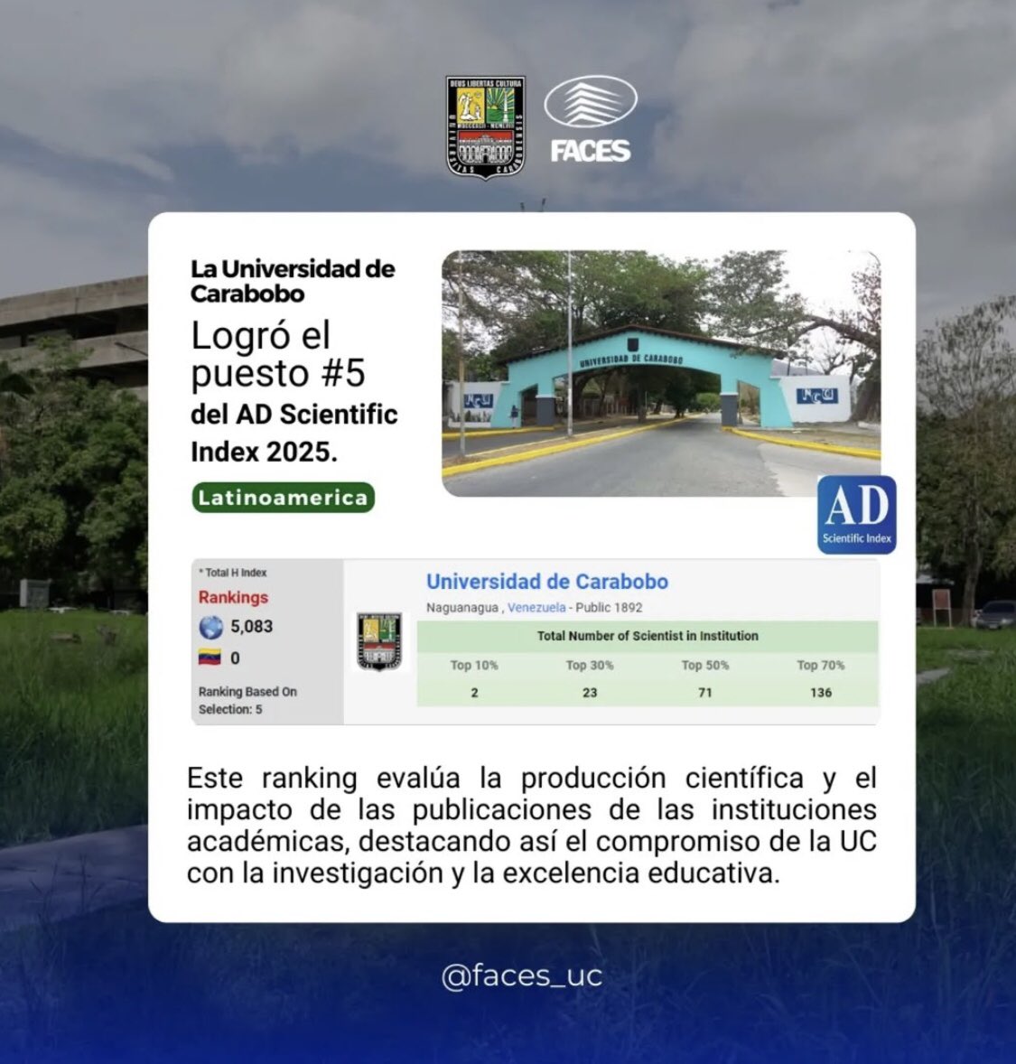 dalia_correa's tweet photo. Gran satisfacción anunciar que la @UCarabobo ha sido clasificada en el quinto lugar del AD Scientific Index 2025, destacándose como una de las mejores #universidades de #Venezuela.

Agradecemos a nuestros colegas y a la #comunidad universitaria por su trabajo y dedicación. 🙌🏻 👏🏻 https://t.co/YXLzTN2QVt