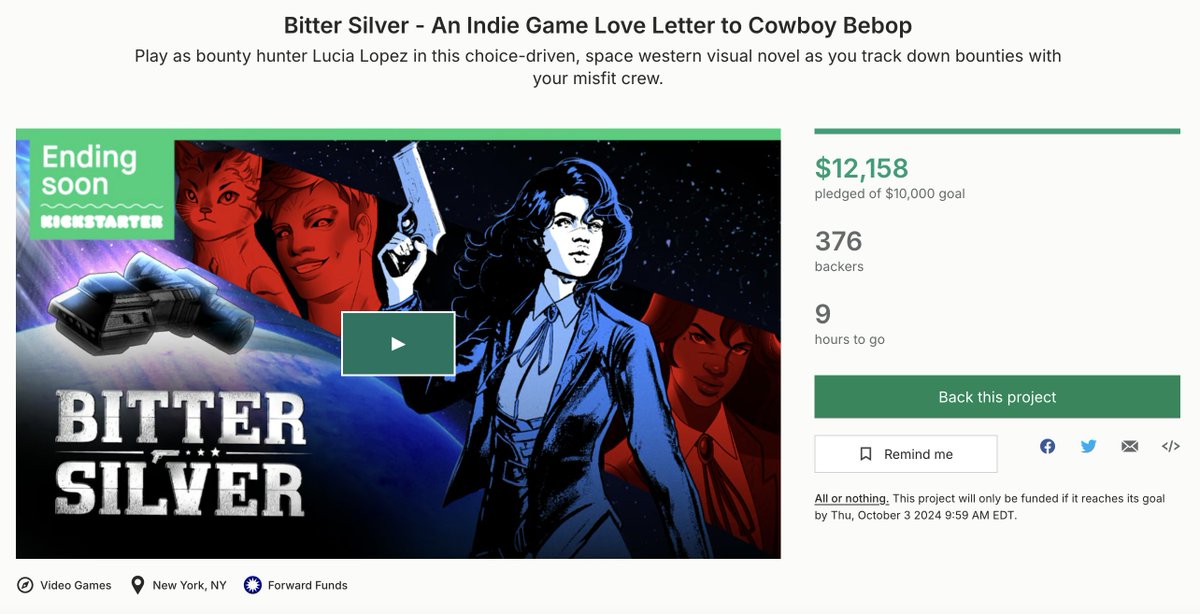 🙏 WE'VE HIT $12K &amp; reached our 1st stretch goal for Bitter Silver's Kickstarter!

Thank you to everyone who has backed and/or shared our campaign!

Let's finish strong! Back here if you haven't 👉 kickstarter.com/projects/looko…

#indiegame | #visualnovel | #CowboyBebop