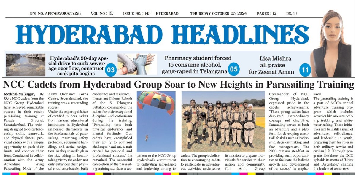 Hyd_Headlines's tweet photo. 🪂 #NCC cadets from Hyderabad Group soar high in parasailing training, showcasing courage and teamwork! Under expert guidance, they conquered fears and mastered aerial navigation, embodying resilience and leadership. #Hyderabad @NccDteAPandT @dprohyd @DefenceMinIndia @HQ_DG_NCC https://t.co/Ilyaz0J3pG