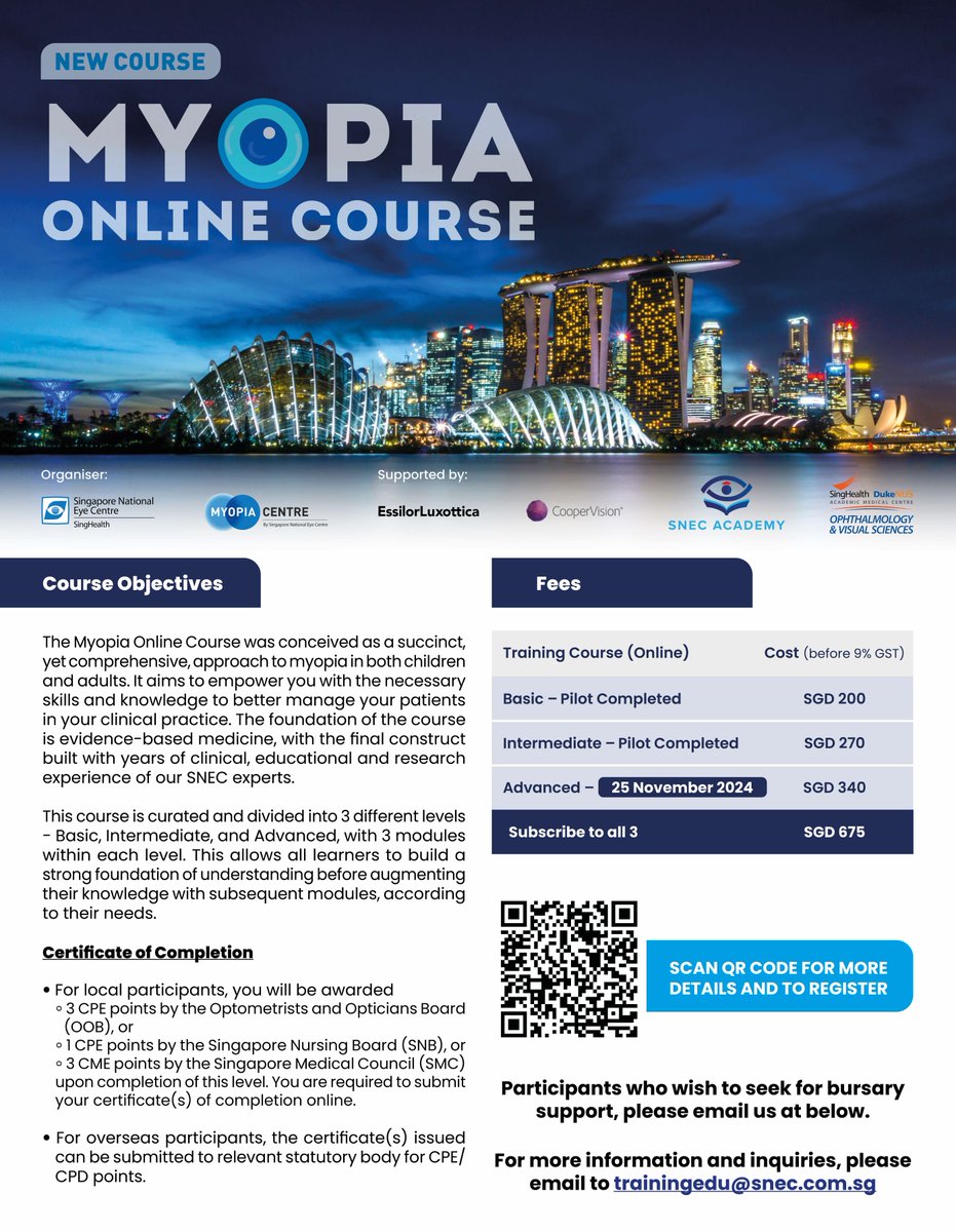 snec_seri (@snec_seri) on Twitter photo Register now for our new, Myopia Online Course to learn more about myopia and its clinical management. catalogue.duke-nus.edu.sg/product?catalo… For Enquiries, please contact: trainingedu@snec.com.sg
Closing Date for Course Registration: 14th November, 2024
#MyopiaOnlineCourse
#SNECSERI
#Myopia Register now for our new, Myopia Online Course to learn more about myopia and its clinical management. catalogue.duke-nus.edu.sg/product?catalo… For Enquiries, please contact: trainingedu@snec.com.sg
Closing Date for Course Registration: 14th November, 2024
#MyopiaOnlineCourse
#SNECSERI
#Myopia