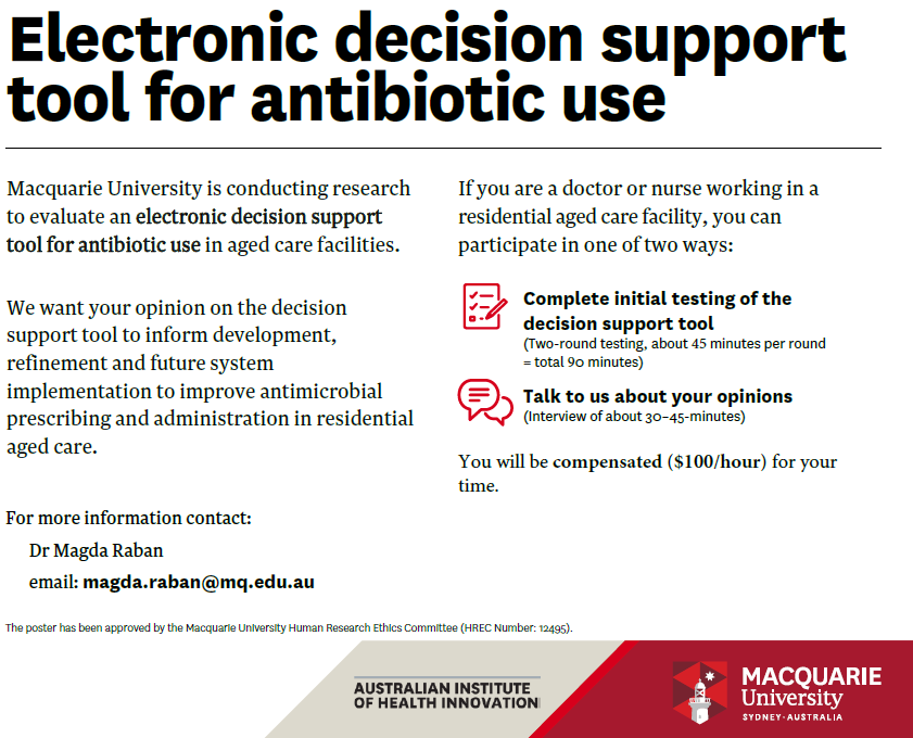 🩺 Are you an Australian GP or Nurse Practitioner working in residential aged care? 
💻💊 Would you like to contribute to exciting research on clinical decision support?
 
Participants needed for a collaborative project between <a href="/AIHI_MQ/">Australian Institute of Health Innovation</a> and BESTMED. 

lnkd.in/g5ZZActK