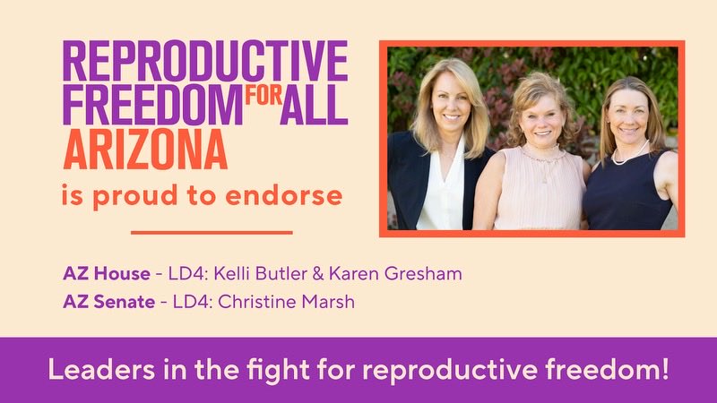 KarenGreshamAZ's tweet photo. Honored to have earned the endorsement of Reproductive Freedom for All! To ensure reproductive freedom is protected in Arizona, #vote for #Prop139 and elect ⁦@KelliButlerAZ⁩, ⁦@ChristinePMarsh⁩ and me to represent #LD4 in the #AZ State Legislature! https://t.co/zr6iwLrCtm