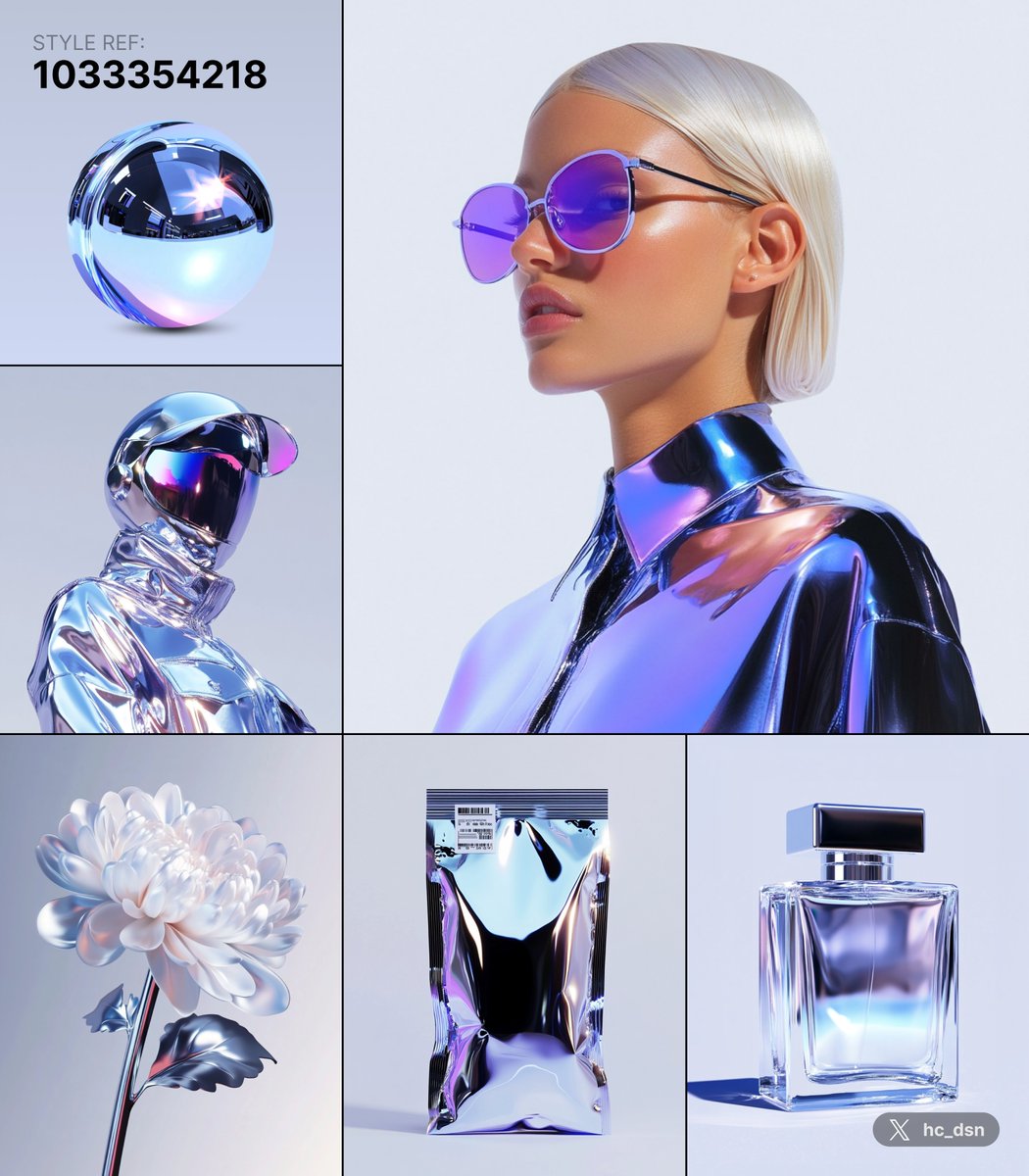 ⚪️ Chrome Aesthetic Style ⚪️

→ Code: 1033354218     
→ Color: Metallics / Iridescent / White / Black
→ Tone &amp; manner: Sleek / Modern 
→ Trait: Metallics / Minimalist / Iridescent

This style evokes a sense of space-age technology, with a polished, pristine look that is at
