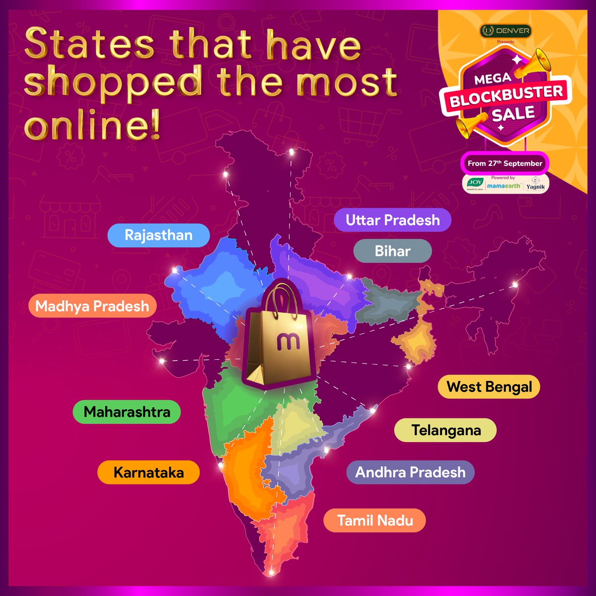 Meesho_Official's tweet photo. There is no doubt that India is on a shopping spree during our Mega Blockbuster Sale!
Find out which states shop online the most!🚀
#MBS #Meesho #MegaBlockbusterSale #Trends https://t.co/fQhaY4aH5v