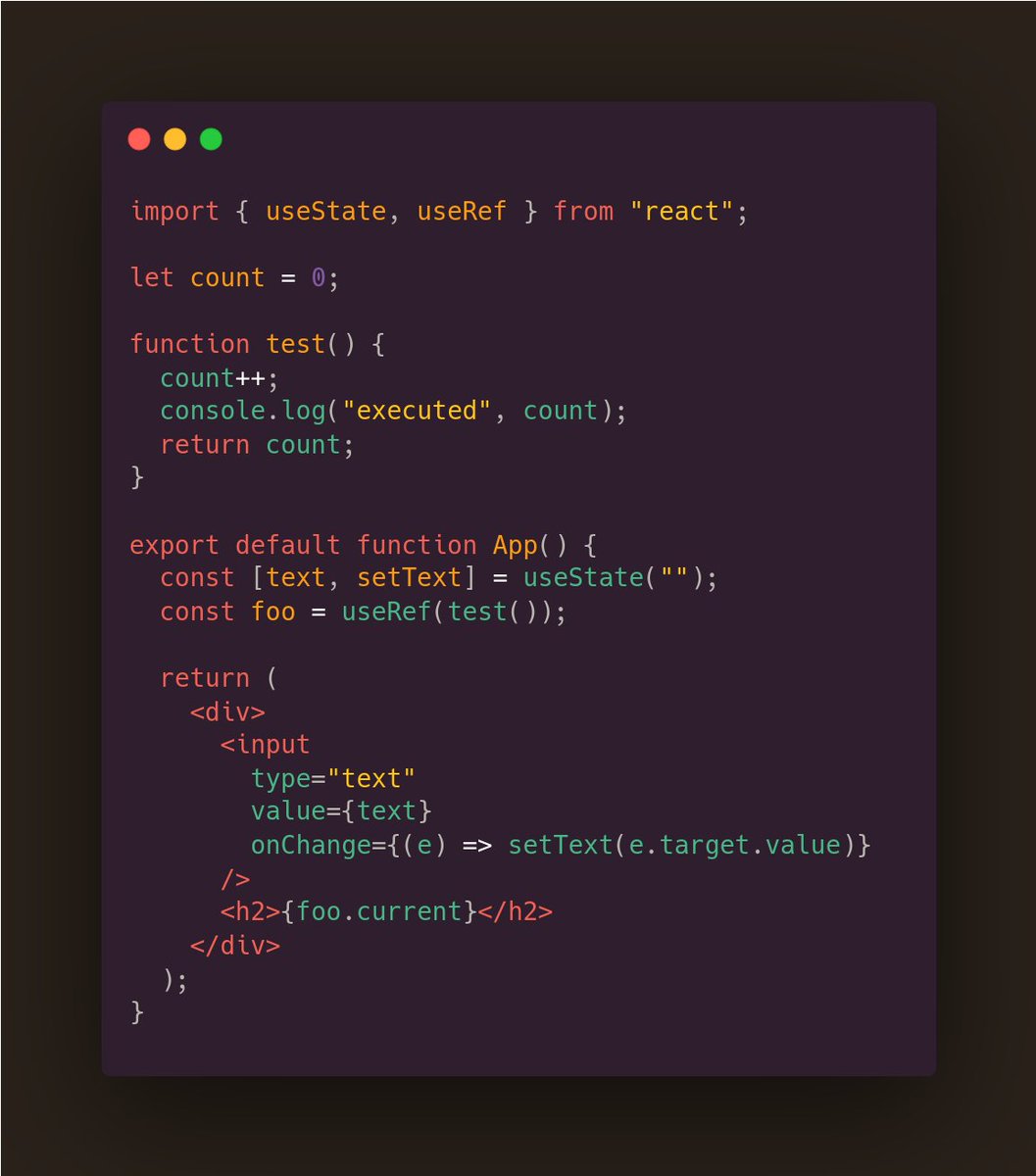 React🧩

Here when you type into the input field text changes and App re-renders. In the console you will see multiple logs from the test(). But in the <h2> why it remains the same number?

#React