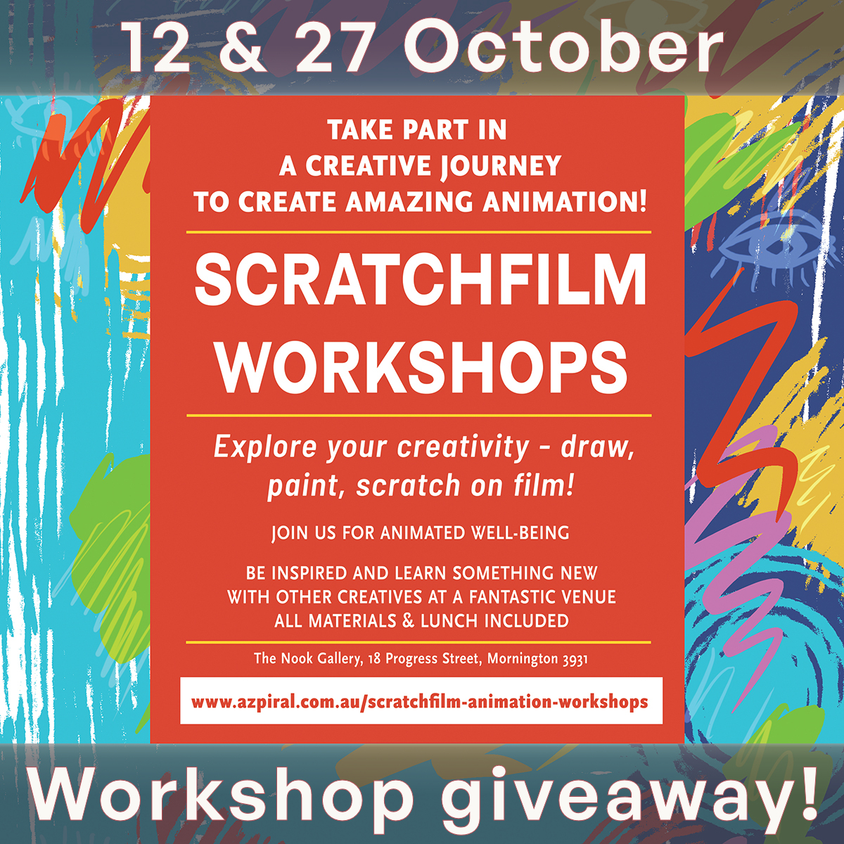 Make a ScratchFilm (direct-to-film) animation.
One-day workshops with everything to animate on physical film!

azpiral.com.au/scratchfilm-an…

7 places to giveaway for the 12 Oct workshop.
Comment below if you can make it. We’ll randomly select winners.
Entries close 5pm this Sun 6 Oct.