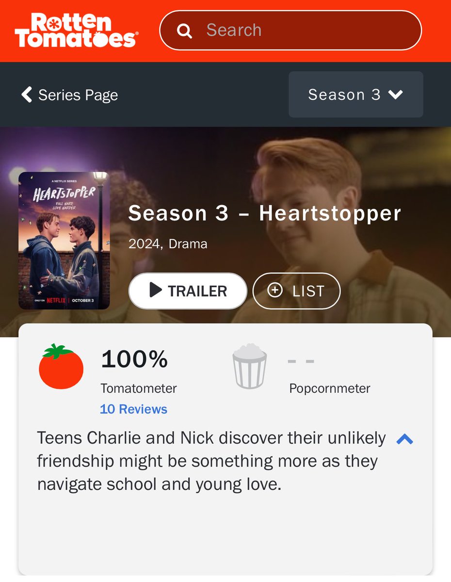 FilmUpdates's tweet image. ‘HEARTSTOPPER’ season 3 debuts with 100% on Rotten Tomatoes.