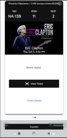 elfarinarreal's tweet photo. #EricClapton Tengo dos boletos digitales, 4,000 por los dos, Sección NA-13B Fila 11, asientos  1 y 2. https://t.co/PLaDw4iaFD