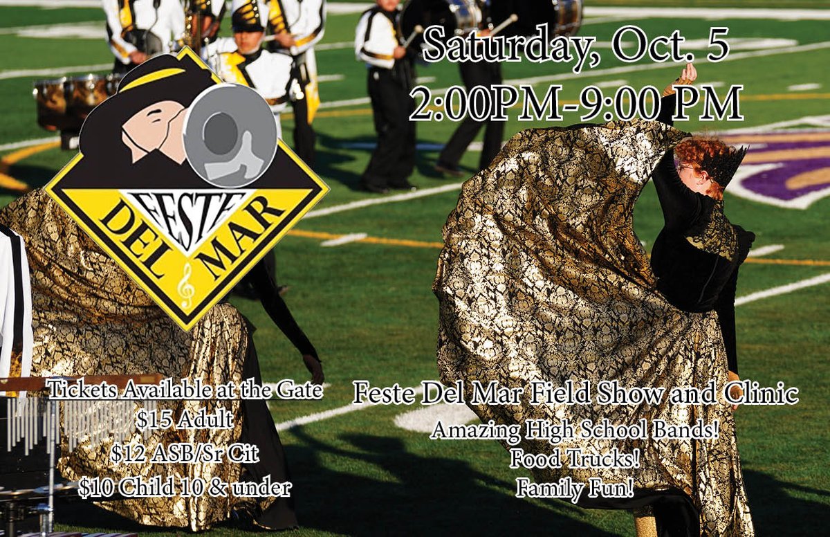 delmarhs's tweet image. Join us, everyone, for Feste Del Mar this Saturday, October 5th! The annual band review will feature our marching band and cologuard, as they compete with other Bay Area schools. Del Mar performs at 2pm! 
(GC: Performing Arts Department)
#bandreview #marchingband #colorguard