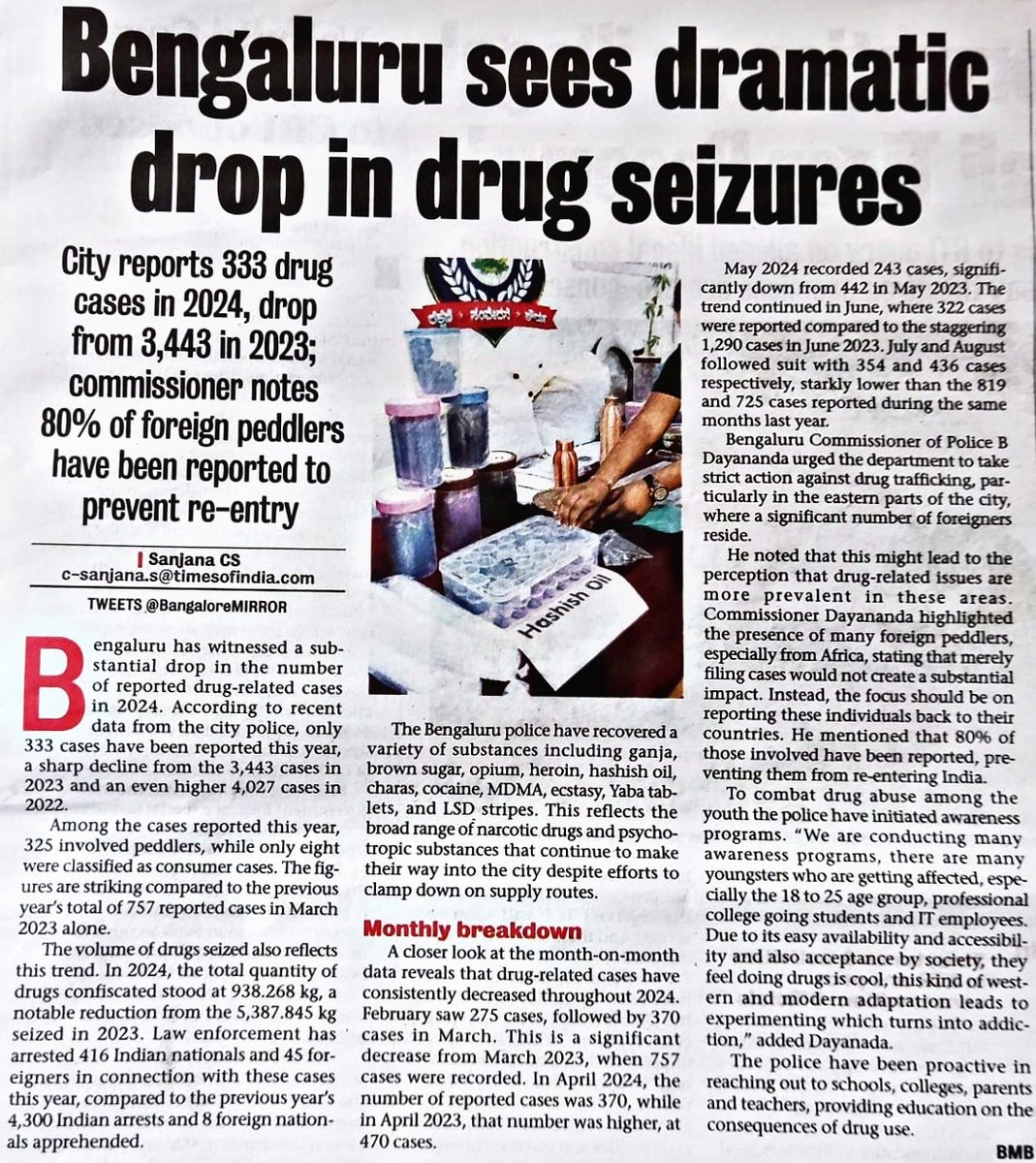 Bengaluru City reports 333 drug cases in 2024  a dramatic drop in drug seizures from 3,443 in 2024
 - Bangalore Mirror

Read more: bangaloremirror.indiatimes.com/bangalore/crim…