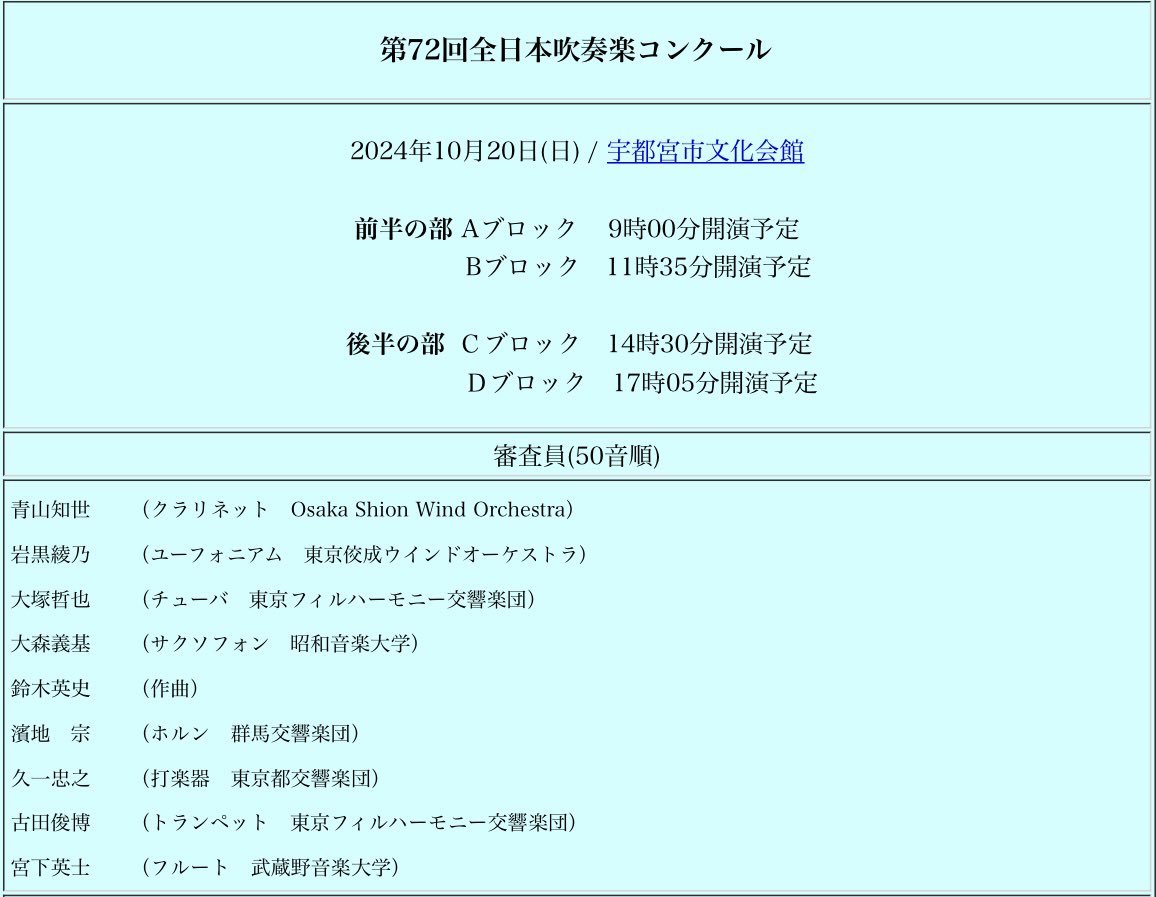 iznkyzQVOBTF9yb's tweet photo. 第72回全日本吹奏楽コンクール
中学生の部と高等学校の部の審査員が公開になっています。
今年は作曲者枠が登場。後藤洋氏と鈴木英史氏です。 https://t.co/5krnL86fDx