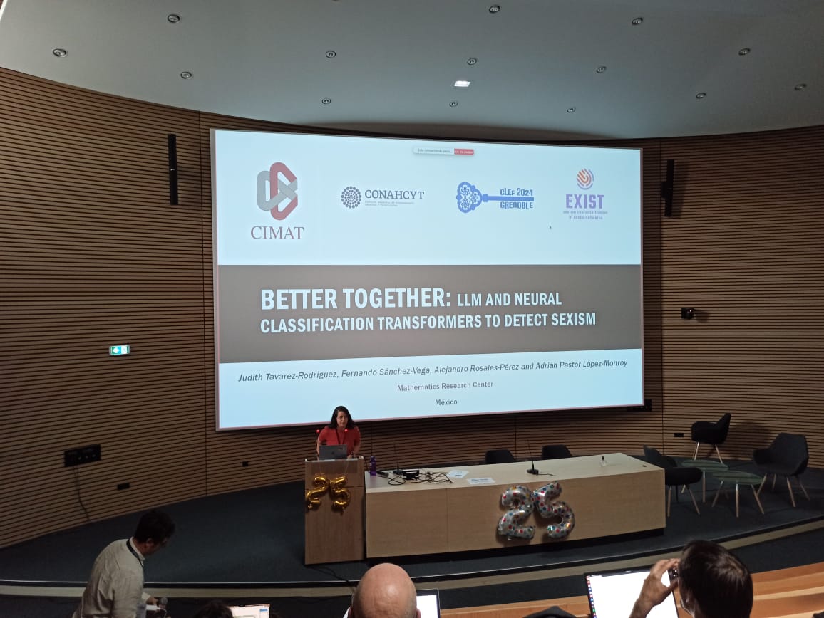 🎉Proud moment for the NLP-CIMAT team! Our students Judith Tavarez (PhD) and Kapioma Villarreal (Master's) presented their work at EXIST@CLEF2024 in Grenoble 🇫🇷 this September 2024! 📄 Check out their papers: 1) ceur-ws.org/Vol-3740/paper… 2) ceur-ws.org/Vol-3740/paper…  #SexismDetection