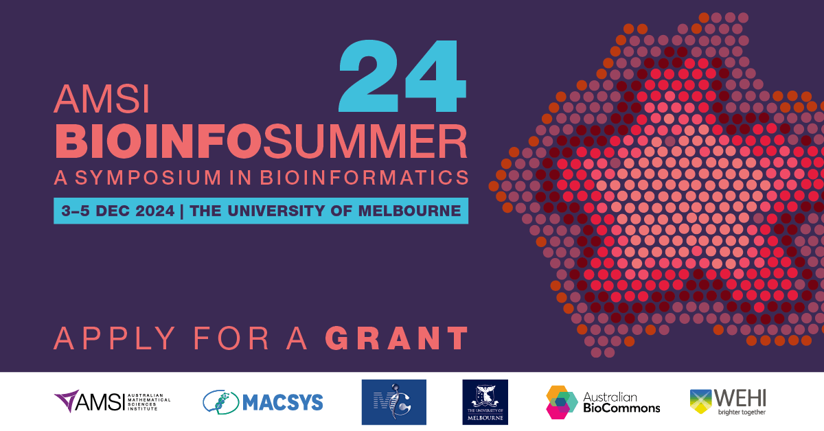 BioInfoSummer 2024 (@bioinfosummer) on Twitter photo Maximise your #BioInfoSummer2024 experience by attending in-person at <a href="/UniMelb/">University of Melbourne</a>.
Students from AMSI Member Universities can apply for a #TravelGrant which offers on-campus accommodation and travel funding support.
Apply by 14 October: bis.amsi.org.au/travel-grants/… Maximise your #BioInfoSummer2024 experience by attending in-person at <a href="/UniMelb/">University of Melbourne</a>.
Students from AMSI Member Universities can apply for a #TravelGrant which offers on-campus accommodation and travel funding support.
Apply by 14 October: bis.amsi.org.au/travel-grants/…