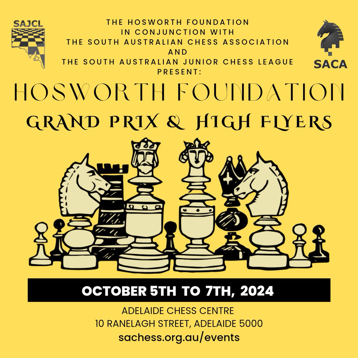 sachessau's tweet photo. Saturday 5 to Monday 7 October
Grand Prix: 6 rounds of 90+30, 2 rounds per day.
High Flyers: under 1600 ACF, 9 rounds of 60+30, 3 rounds per day.
Discounted entry fee for junior players thanks to our generous sponsors.
#AusChess #Adelaide #Chess #SACA #JuniorChess #SAJCL https://t.co/SjLZTBRCMh