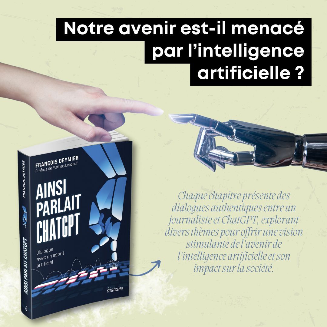 Diateino's tweet photo. Plus que quelques jours avant la sortie de cette nouvelle pépite sur l'intelligence artificielle ! 🧠📲

Le livre de @francois_deymier  explore l’avenir de l’intelligence artificielle à travers des dialogues authentiques entre un journaliste et ChatGPT. 

 #IA #Livre https://t.co/HTC0BaZ0Ew