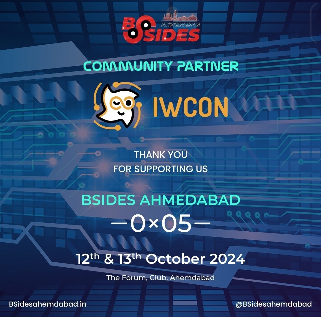 🌟 Say Hello to Our New Community Partner! 🌟

🎉 We’re thrilled to announce that <a href="/IWcon_/">IWCON - The Infosec Writeups' Security Conference</a>  is joining forces with us as the official 𝐂𝐨𝐦𝐦𝐮𝐧𝐢𝐭𝐲 𝐏𝐚𝐫𝐭𝐧𝐞𝐫 for BSides Ahmedabad 0x5! 🎉

💥 Ready to join the action? Use code 'IWCON10' to snag an exclusive 10% OFF on