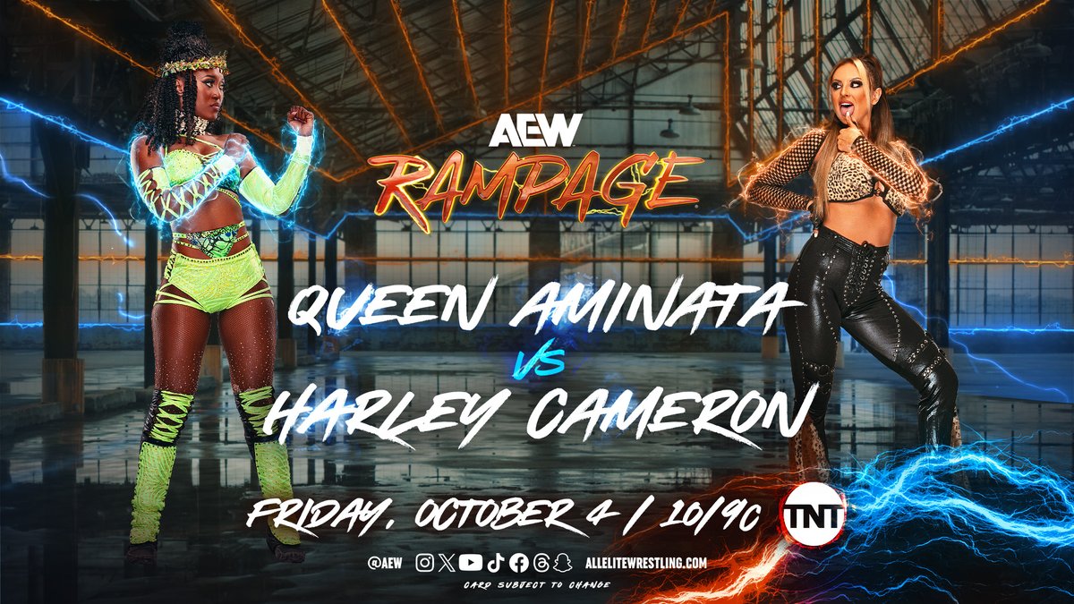 AEW's tweet image. TOMORROW!
Friday Night #AEWRampage
10pm ET/9pm CT | @tntdrama

Queen Aminata vs Harley Cameron

The #Outcasts’ @HarleyCameron_ battles with #QueenAminata @amisylle TOMORROW on Friday Night #AEWRampage at 10pm ET/9pm CT on @tntdrama!