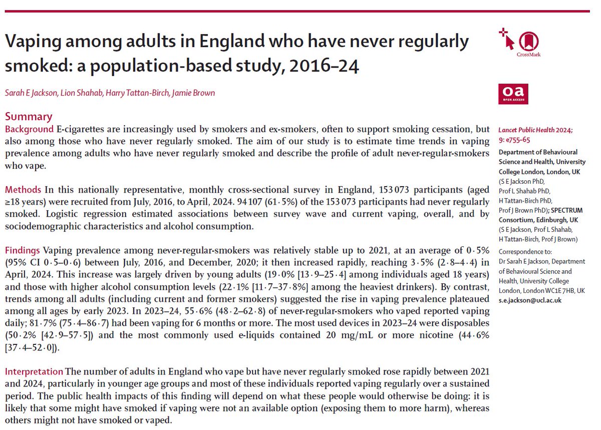 New paper in <a href="/TheLancetPH/">The Lancet Public Health</a> estimates that there are around 1 million adults in England who vape but have never regularly smoked tobacco.

🧵 More details below

thelancet.com/journals/lanpu…