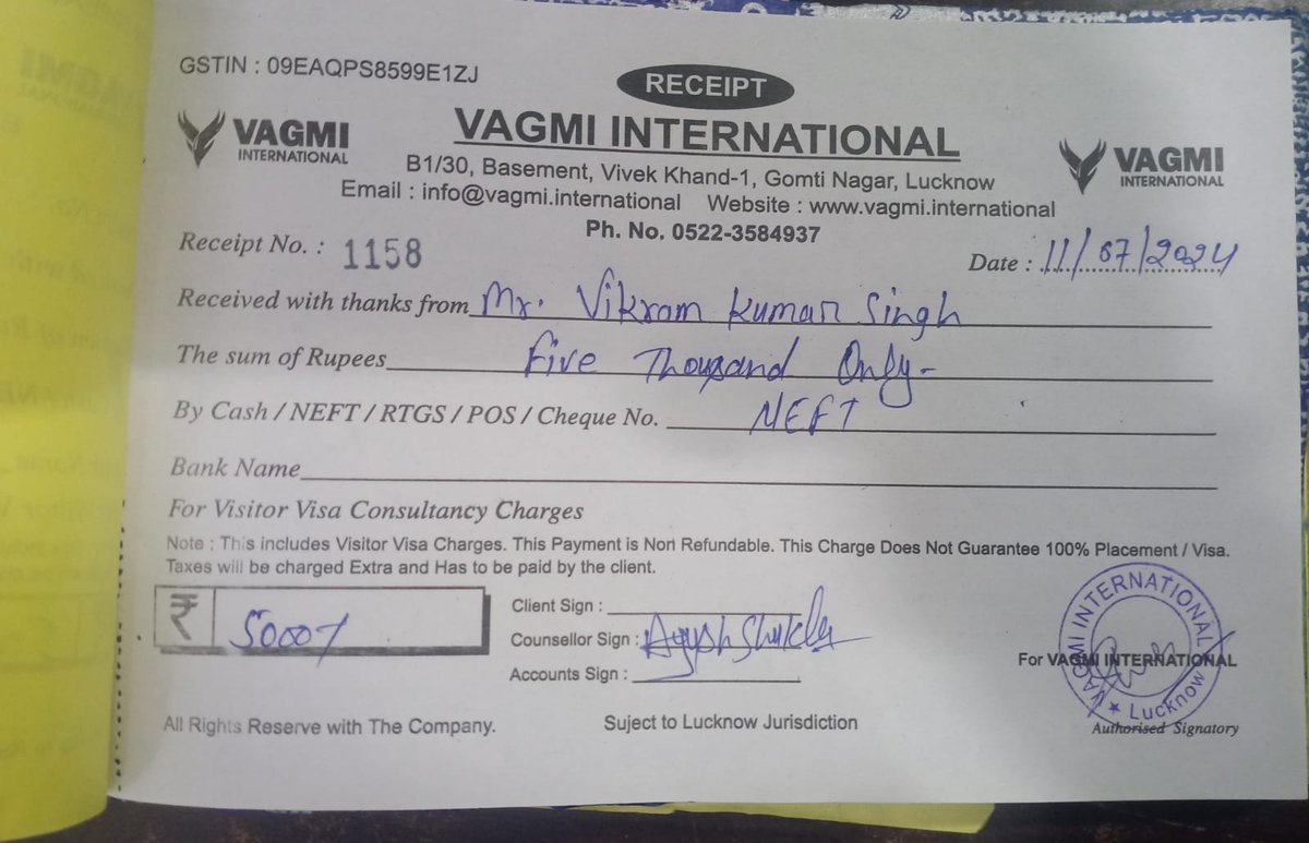 नमस्ते सर <a href="/lkopolice/">LUCKNOW POLICE</a> मैं vikram kumar singh S/o Mahesh prasad singh मैं बिहार से hu सर मैं Lucknow vagmi International se visa ka kaam karwaya tha lekin mera kaam nahi hua aur ye log mujhe bole the aapka kaam nahi hoga to aapka paisa ek din main wapas hoga lekin ab 20 se uper ho