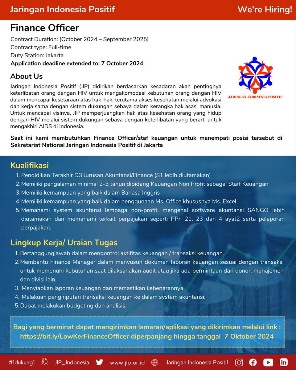 Jaringan Indonesia Positif memperpanjang masa lowongan Finance Officer hingga 7 Oktober 2024, silahkan bagi yang berminat dapat segera mengirimkan lamaran sesuai ketentuan pada flyer.

#jaringanindonesiapositif #focalpointjip #lowongankerja #loker #lowker