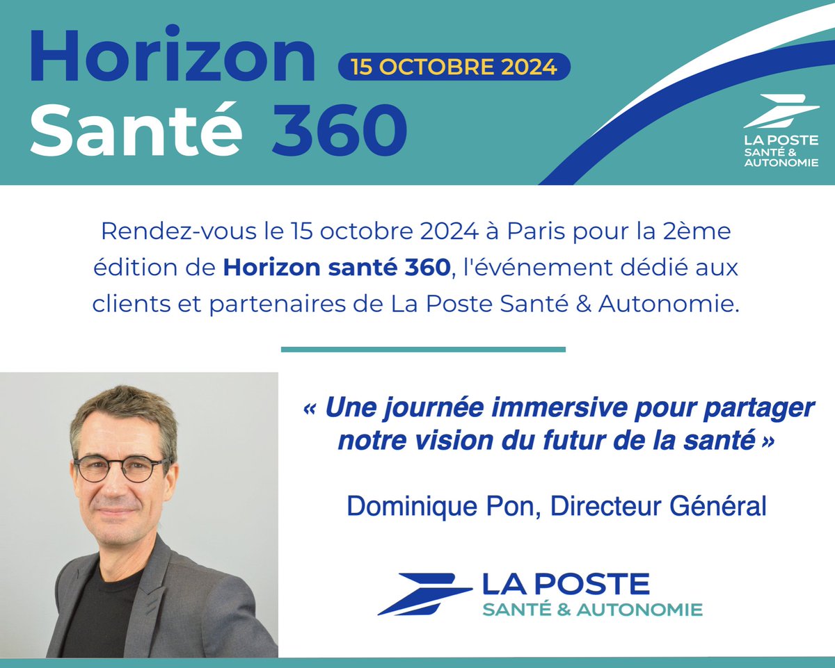 Veille #Esanté : J-12 🗓️ "Horizon Santé 360", l'événement annuel de La Poste Santé &amp; Autonomie du <a href="/GroupeLaPoste/">La Poste Groupe</a> pour partager le bilan de la 1ère année d'existence et la vision du futur de la santé, le mardi 15 octobre à Paris 

📌 Détails du programme 👉shorturl.at/pOE0L