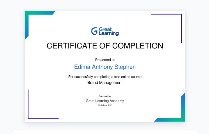 Gods_Reign's tweet image. Hi all, 
I have successfully completed the &quot;Brand Management&quot; course offered by Great Learning Academy. 
 #GreatLearningAcademy #greatlearning #glacertificate