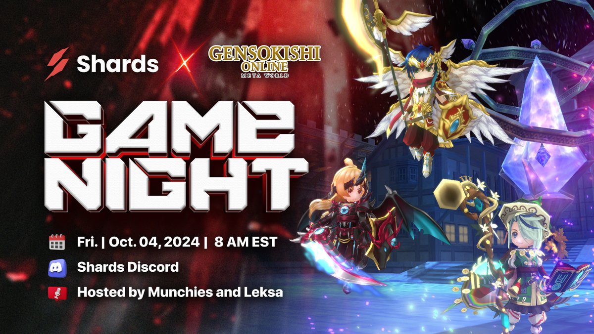 ShardsOfficial's tweet image. Game Night Reminder! 🎮

Get ready to squad up for tomorrow’s exciting 3D MMORPG experience with @genso_meta ! 

Date: Friday Oct. 04, 2024
Time: 8 AM EST

See you there! ⚡️