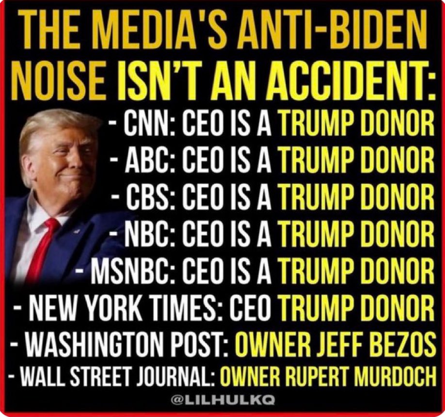 LibbySmithArt's tweet photo. @1Nicdar @harris_wins The top media CEOs all donated to Trump. Trump is chaos. Chaos is news. Biden is boringly and quietly running the country. https://t.co/vTUPP7wyHI