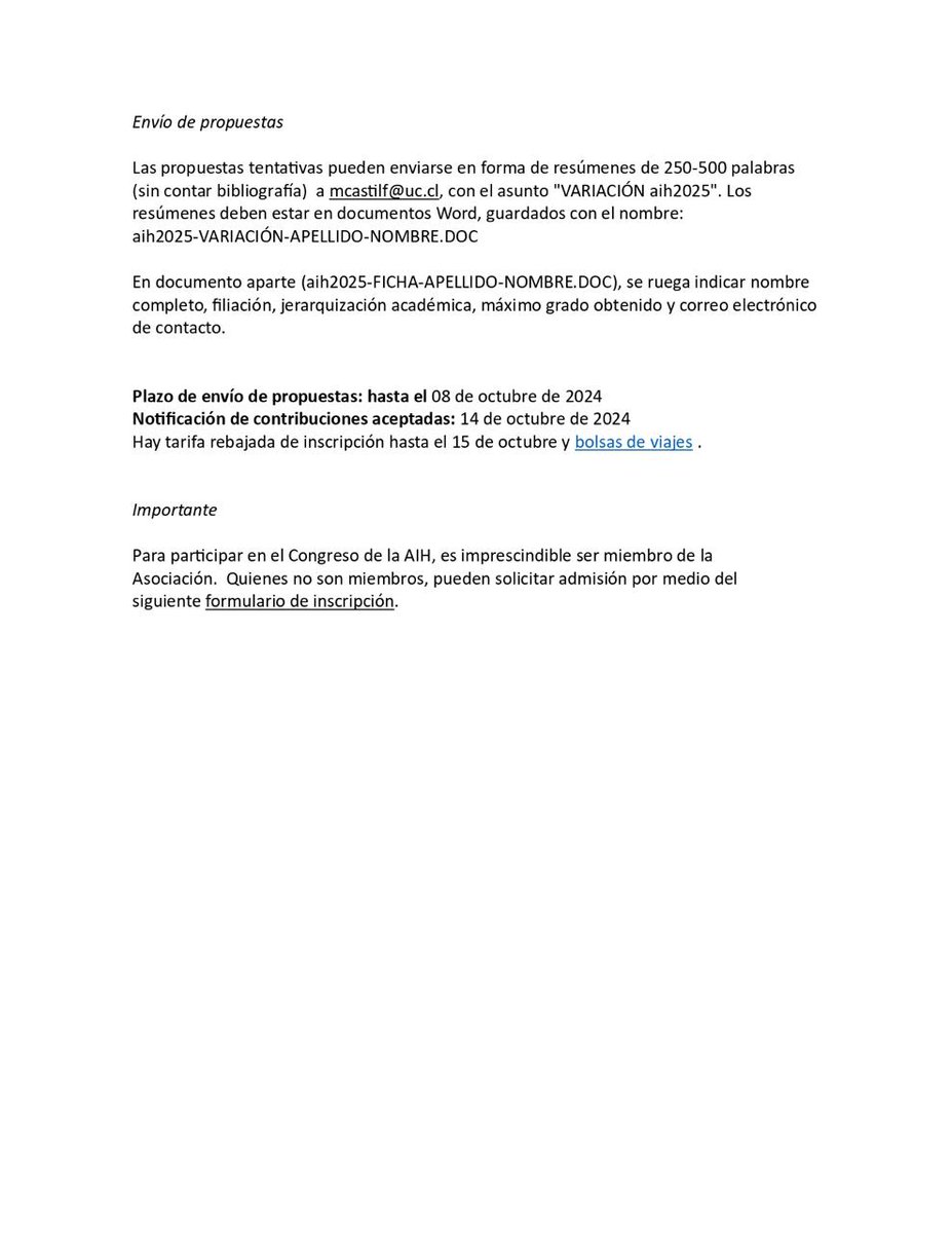 Mamen Horno Chéliz (@m_horno) on Twitter photo 📣📣📣 el congreso de la Asociación Internacional de Hispanistas se celebra en Santiago de Chile. ¿Te interesa la variación? Este es tu congreso ❤️
Convocatoria abierta para envío de propuestas. <a href="/MNataliaCF/">Natalia Castillo</a>
aih2025.com 📣📣📣 el congreso de la Asociación Internacional de Hispanistas se celebra en Santiago de Chile. ¿Te interesa la variación? Este es tu congreso ❤️
Convocatoria abierta para envío de propuestas. <a href="/MNataliaCF/">Natalia Castillo</a>
aih2025.com