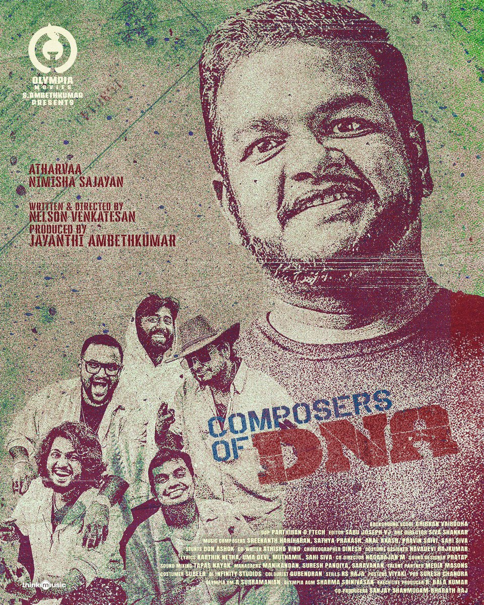 Sathyaprakash D (@dsathyaprakash) on Twitter photo It’s a huge assemble of musicians for interesting Crime Action Drama #DNAmovie 🧬
5 songs, 5 different composers & background score by <a href="/GhibranVaibodha/">Ghibran Vaibodha</a>
Written & directed by @nelsonvenkat
Starring <a href="/Atharvaamurali/">Atharvaa</a> & #NimishaSajayan
Produced by <a href="/Olympiamovis/">Olympia Movies</a> @Ambethkumarmla It’s a huge assemble of musicians for interesting Crime Action Drama #DNAmovie 🧬
5 songs, 5 different composers & background score by <a href="/GhibranVaibodha/">Ghibran Vaibodha</a>
Written & directed by @nelsonvenkat
Starring <a href="/Atharvaamurali/">Atharvaa</a> & #NimishaSajayan
Produced by <a href="/Olympiamovis/">Olympia Movies</a> @Ambethkumarmla
