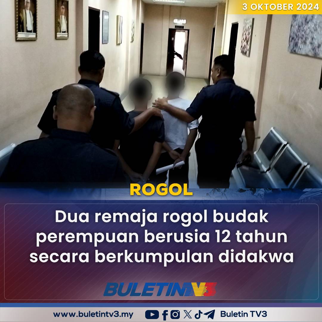 BuletinTV3's tweet photo. ROGOL | Dua remaja rogol budak perempuan berusia 12 tahun secara berkumpulan didakwa. 

Mengikut pertuduhan, tertuduh yang masing-masing berumur 13 dan 14 tahun itu didakwa merogol seorang kanak-kanak perempuan berumur 12 tahun.

#BuletinTV3 #Rogol #RogolBerkumpulan #Remaja https://t.co/j2ipJFJOyd
