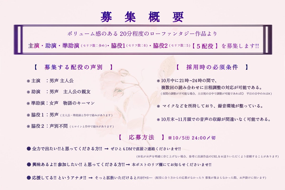 Nya_sanX0's tweet photo. 【　出演者 募集　】　〆切：10/5
​
とある企画でオファーをいただき、
20分の声劇作品を制作いたします ٩(ᐛ  )و

脚本、演出、編集をににゃが担当。
制作に向き合ってくださる演者様を募集!!
〈 募集概要 〉を必ず確認してご応募ください🙌!!
​
配役に合う方との出会いがありますように⟡.·
ㅤ https://t.co/qaI9upWtJi