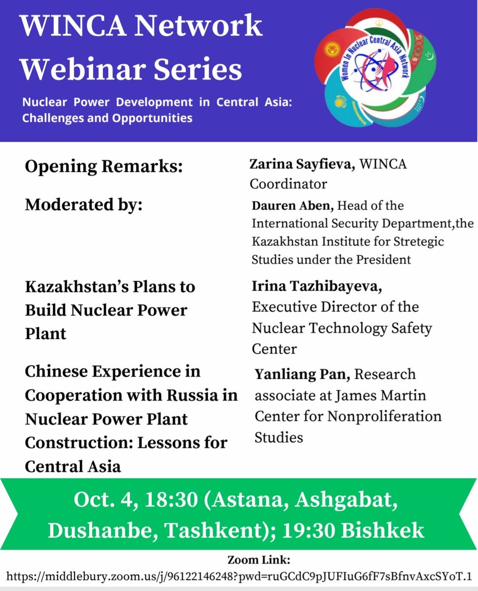 NetworkWinca's tweet photo. ๐ข Join the WINCA Network Webinar Series!
๐ Topic: "Nuclear Power Development in Central Asia: Challenges and Opportunities"
๐
Date: Oct. 4, 2024
๐ Time: 18:30 (Astana, Ashgabat, Dushanbe, Tashkent); 19:30 (Bishkek)
๐ Zoom Link: https://t.co/ysrMZFqaOs
๐๐
#WINCA https://t.co/E1SYPCKTmZ