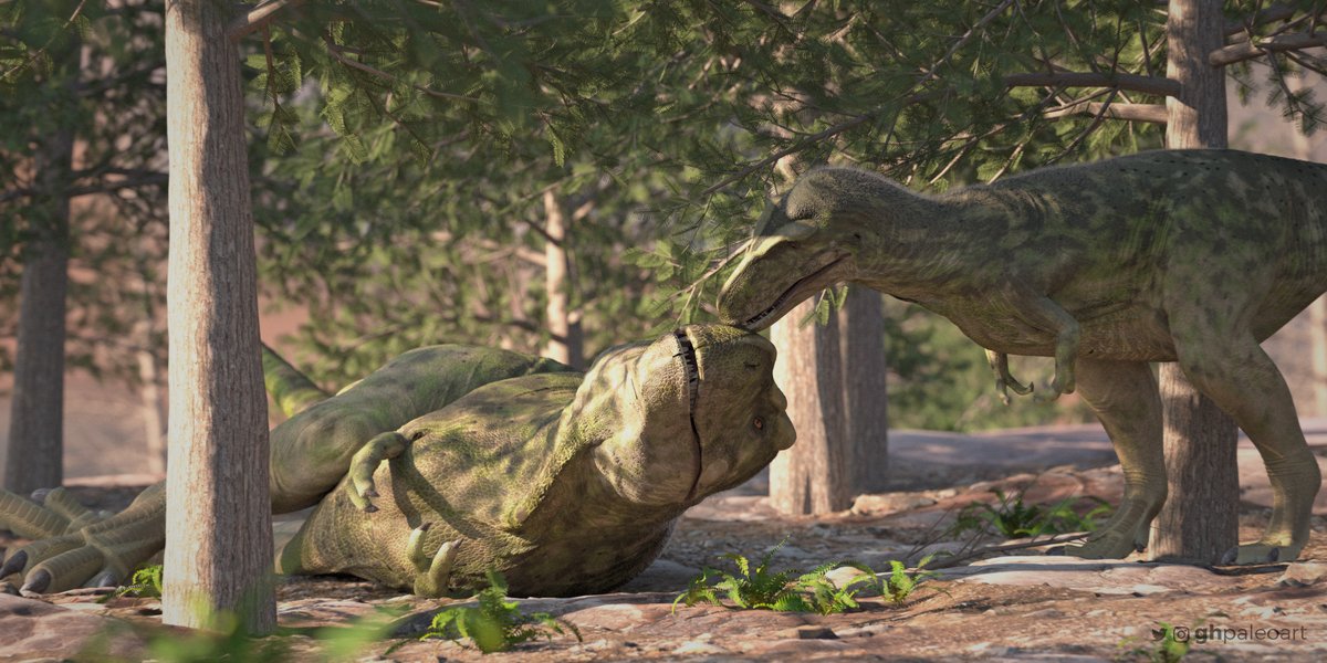 An adult Tyrannosaurus and her subadult hunting partner in the morning.