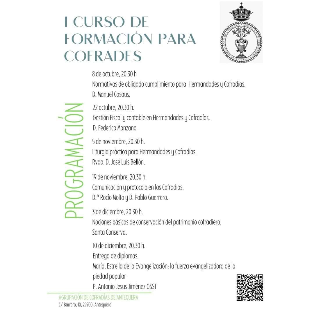 MariTriniCalvo's tweet photo. La Agrupación de Cofradías de Antequera organiza el I curso de formación multidisciplinar para cofrades. Se celebrará entre los meses de octubre y diciembre. Accede al formulario de inscripciones https://t.co/mnJa4SOG8U https://t.co/j9L4DfNb4N