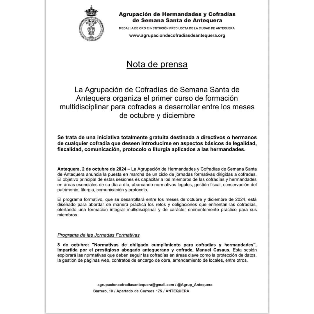 MariTriniCalvo's tweet photo. La Agrupación de Cofradías de Antequera organiza el I curso de formación multidisciplinar para cofrades. Se celebrará entre los meses de octubre y diciembre. Accede al formulario de inscripciones https://t.co/mnJa4SOG8U https://t.co/j9L4DfNb4N