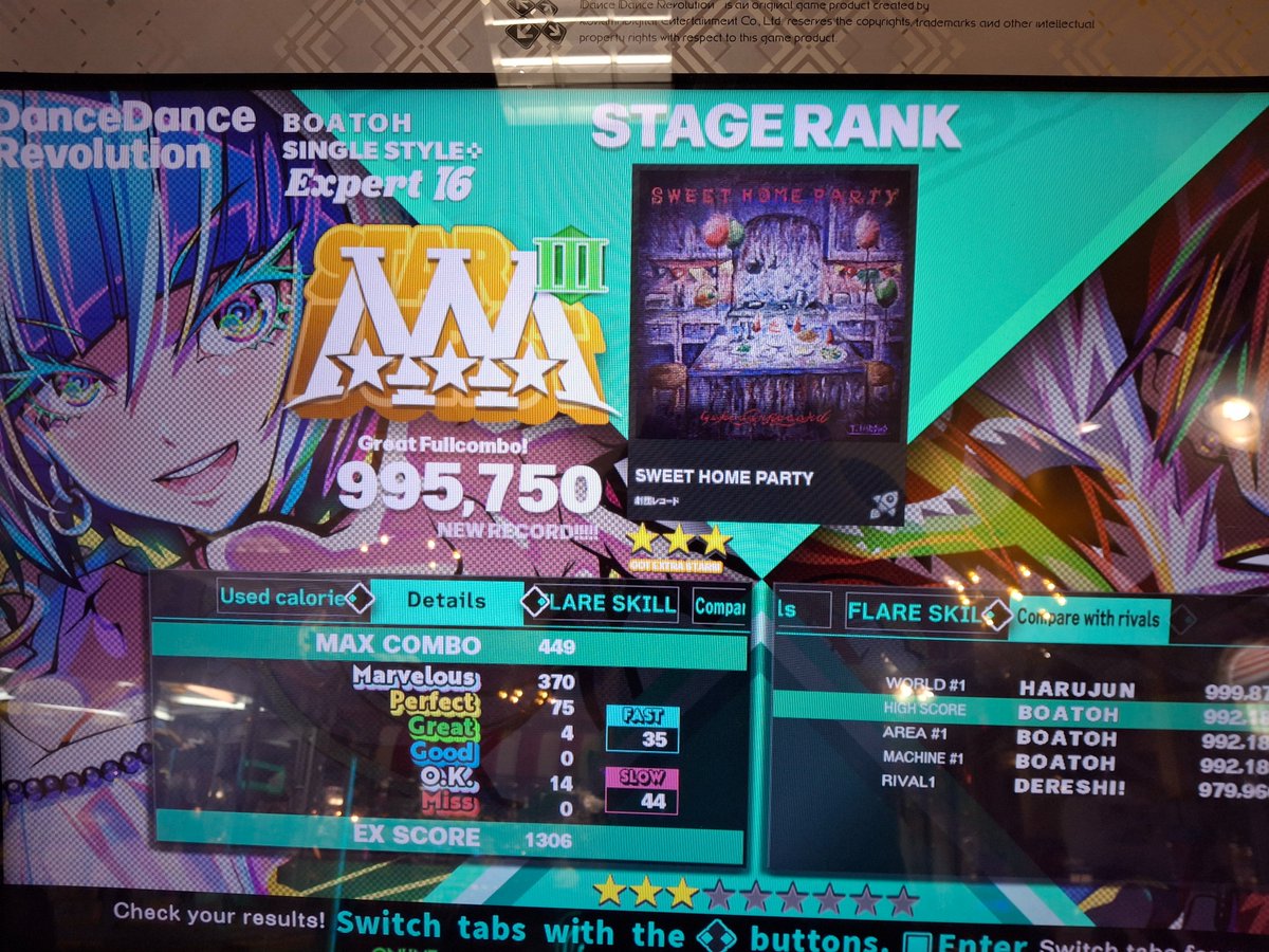 I played DDR today: 

Sweet Home Party ESP AAA!!!!!!

Only goal for today was to get a good score on that song and I did just that lol