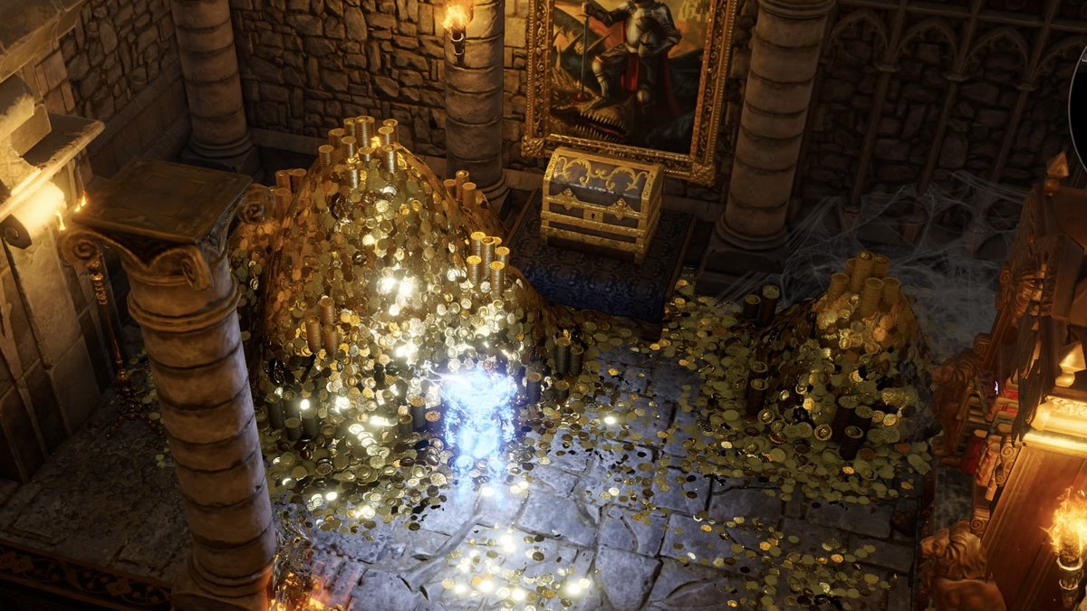 RRe_Unknown's tweet image. 絵画を揃えたら宝物庫入れた🙌
難易度選択のイラストが絵画に使われててめちゃオシャレ！✨🖼✨️
このお金はすべて我のもの|ωΟ｡)ｸﾞﾌﾌ
#Divinity2  #ディビニティ2